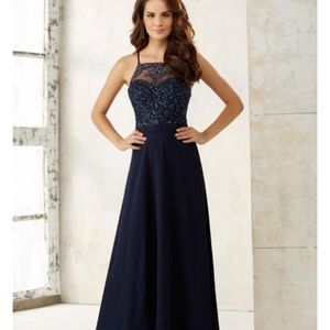 Mori Lee navy blue beaded bridesmaid dress